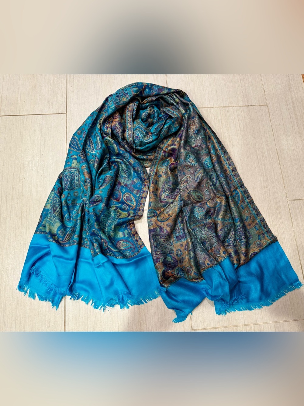Turquoise Elephant & Paisley Pashmina Style Shawl Wrap – 29 × 76”